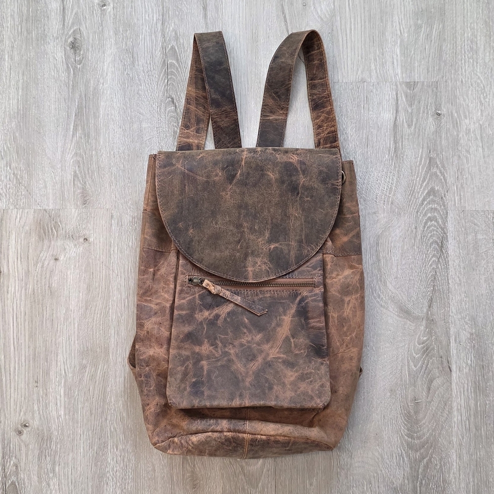 Rustic Brown Distressed Faux Leather Backpack 15" X 10" College School Work